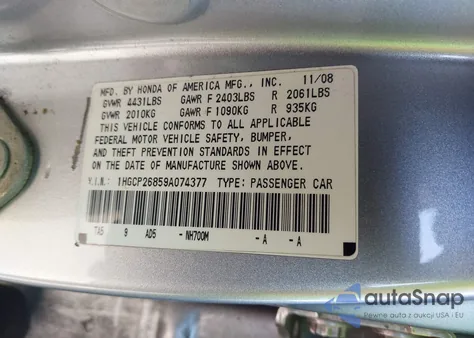 2009 Honda Accord 2.4 Ex-L from USA, damaged, VIN 1HGCP26859A074377